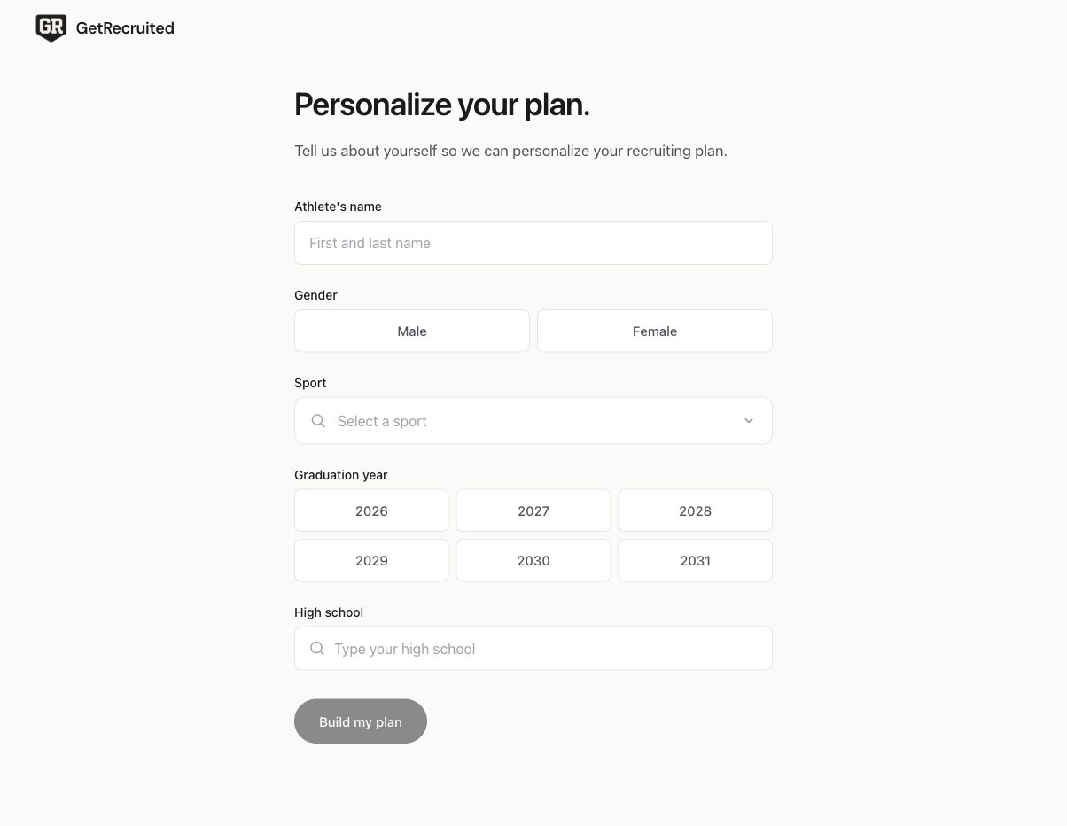 GetRecruited onboarding screen: a short profile asking for athlete name, gender, sport, graduation year, and high school